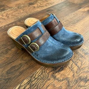 Børn Leather Blue Denim and Double Buckle Laura Mule Clog Women’s 6